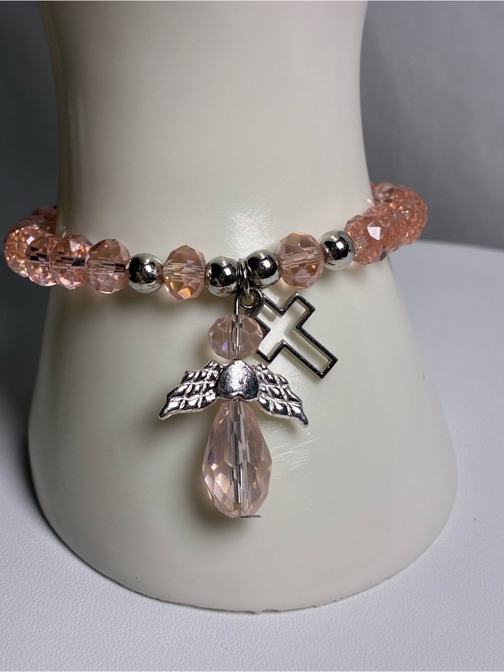 Blush Pink Crystal Angel & Cross Stretch Bracelet